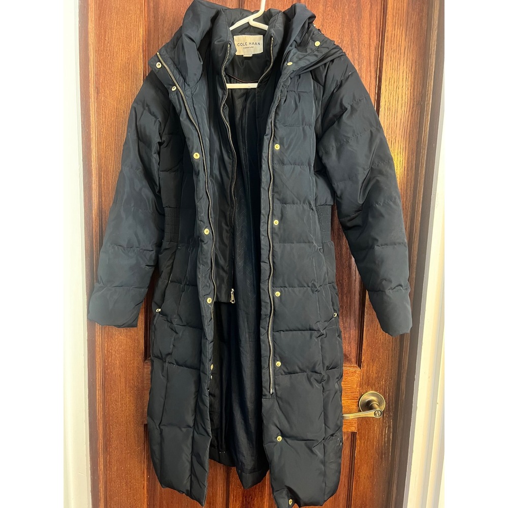 Cole Haan Signature Womens Navy Blue Down Long Puffer Coat Hooded Parka XS